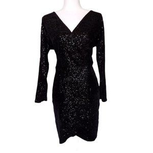 BOOHOO Sequin Faux Wrap Short Dress Black 14 LBD